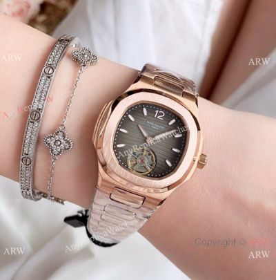 Clone Patek Philippe Nautilus Tourbillon Lady Watch Rose Gold Grey Dial